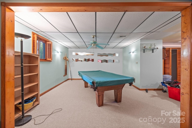 840 Deer Lake Run, Salisbury, NC 28146 - game room featuring carpet floors, a ceiling fan, billiards table, and a drop ceiling