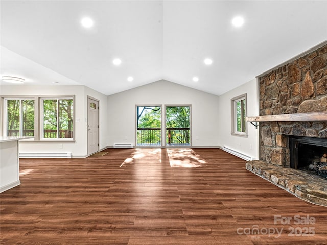 1065 Oak Ridge Ln, Mars Hill, NC 28754 - unfurnished living room featuring a baseboard radiator, a fireplace, lofted ceiling, wood finished floors, and recessed lighting