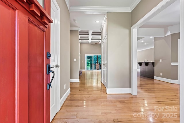 3450 4th Street Blvd NW, Hickory, NC 28601 - entryway featuring ornamental molding, light wood finished floors, recessed lighting, beamed ceiling, and coffered ceiling