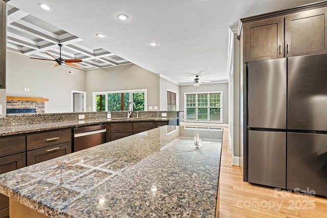 3450 4th Street Blvd NW, Hickory, NC 28601 - kitchen featuring ceiling fan, appliances with stainless steel finishes, ornamental molding, recessed lighting, and light wood-type flooring