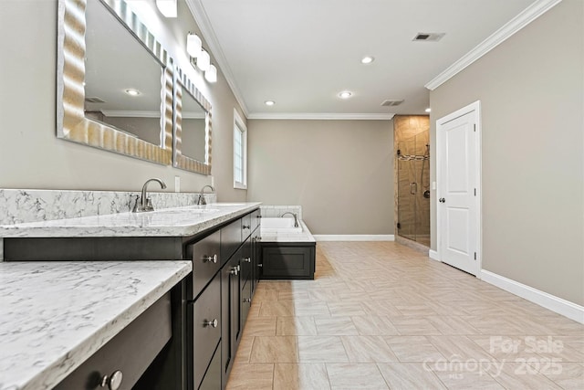 3450 4th Street Blvd NW, Hickory, NC 28601 - full bathroom featuring crown molding, a bath, double vanity, a shower stall, and recessed lighting