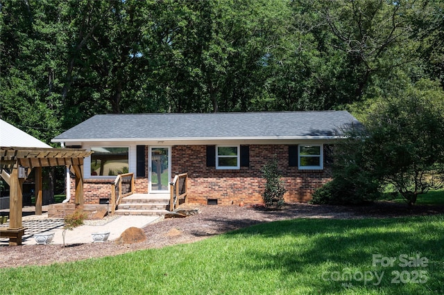418 Stokes Ave, Clover, SC 29710 - single story home with a pergola, brick siding, a patio, a front lawn, and crawl space