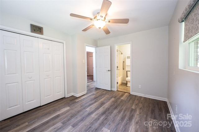 418 Stokes Ave, Clover, SC 29710 - unfurnished bedroom with wood finished floors, a closet, ceiling fan, and connected bathroom