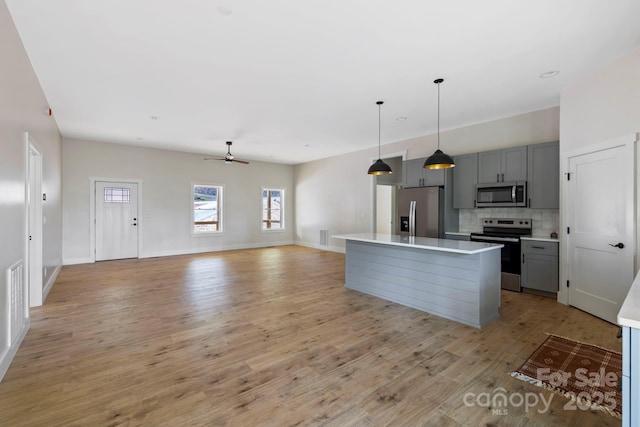 939 Rocky Mountain Rd, Lake Toxaway, NC 28747 - kitchen with appliances with stainless steel finishes, gray cabinetry, decorative backsplash, and light countertops