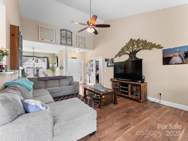144 Haw River Rd, Fletcher, NC 28732 - living room with ceiling fan, wood finished floors, and high vaulted ceiling