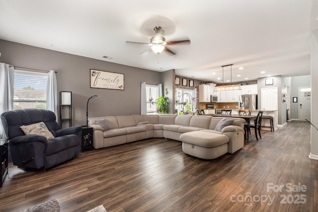 217 Fielding St, Mount Holly, NC 28120 - living room with dark wood-style flooring, a ceiling fan, and recessed lighting