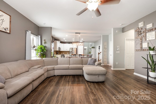 217 Fielding St, Mount Holly, NC 28120 - living room with dark wood-style floors and a ceiling fan