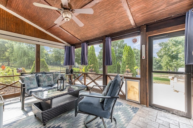 217 Fielding St, Mount Holly, NC 28120 - sunroom / solarium with lofted ceiling, ceiling fan, outdoor lounge area, and healthy amount of natural light