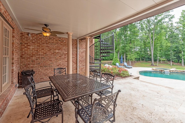 1505 Hawkstone Dr, Waxhaw, NC 28173 - view of patio / terrace with stairway, a pool with connected hot tub, a ceiling fan, and outdoor dining area