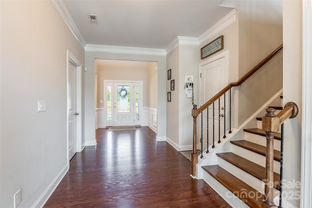 208 Canoe Pole Ln, Mooresville, NC 28117 - foyer entrance with crown molding, dark wood finished floors, and stairs