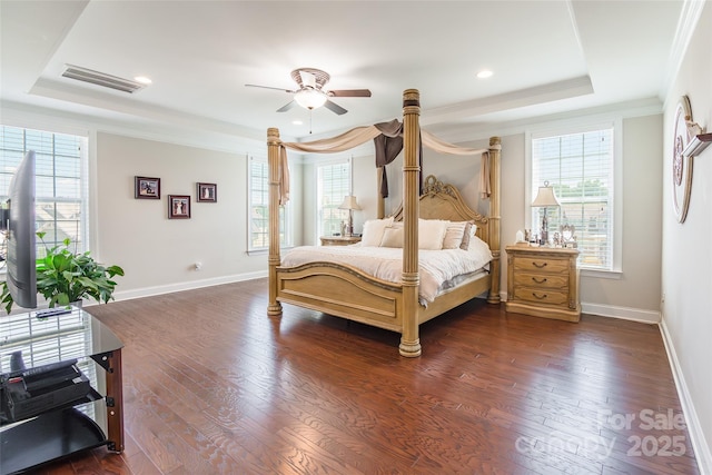 208 Canoe Pole Ln, Mooresville, NC 28117 - bedroom featuring a tray ceiling, multiple windows, crown molding, and recessed lighting