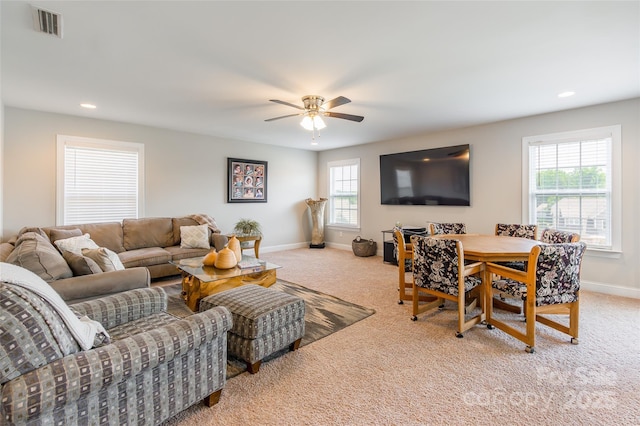 208 Canoe Pole Ln, Mooresville, NC 28117 - living room featuring light carpet, ceiling fan, and recessed lighting