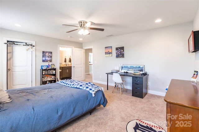 208 Canoe Pole Ln, Mooresville, NC 28117 - carpeted bedroom with a desk, ceiling fan, recessed lighting, and ensuite bathroom