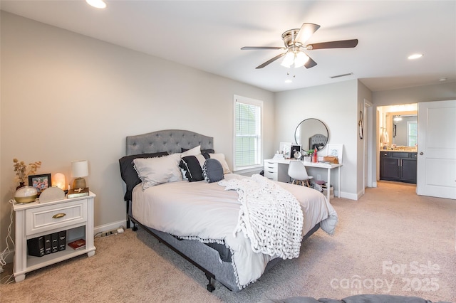 208 Canoe Pole Ln, Mooresville, NC 28117 - bedroom with light carpet, recessed lighting, a ceiling fan, and ensuite bathroom