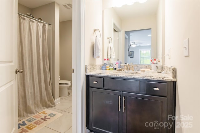 208 Canoe Pole Ln, Mooresville, NC 28117 - full bathroom with tile patterned flooring, vanity, a ceiling fan, and curtained shower