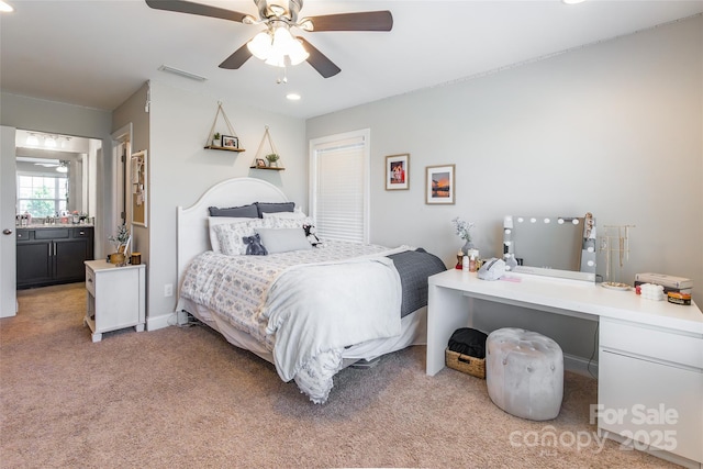 208 Canoe Pole Ln, Mooresville, NC 28117 - bedroom featuring light carpet, recessed lighting, a ceiling fan, a desk, and ensuite bath