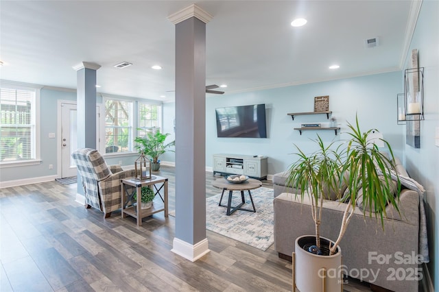 208 Canoe Pole Ln, Mooresville, NC 28117 - living room with ornate columns, crown molding, recessed lighting, and wood finished floors