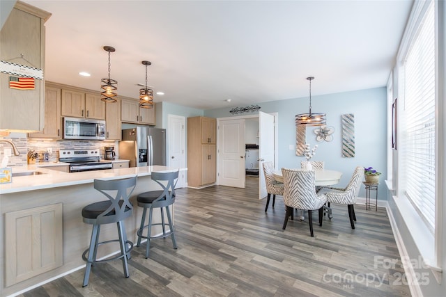 208 Canoe Pole Ln, Mooresville, NC 28117 - kitchen with appliances with stainless steel finishes, light brown cabinetry, light countertops, decorative backsplash, and wood finished floors
