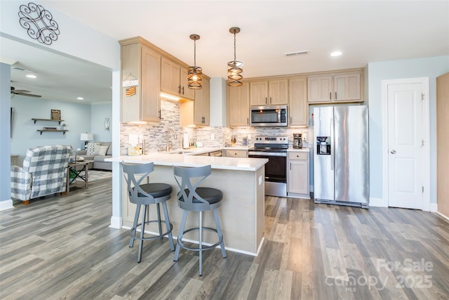 208 Canoe Pole Ln, Mooresville, NC 28117 - kitchen featuring appliances with stainless steel finishes, a peninsula, wood finished floors, light countertops, and tasteful backsplash