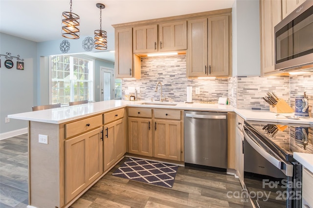 208 Canoe Pole Ln, Mooresville, NC 28117 - kitchen featuring appliances with stainless steel finishes, light countertops, wood finished floors, a peninsula, and backsplash