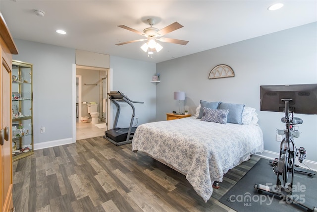 208 Canoe Pole Ln, Mooresville, NC 28117 - bedroom featuring dark wood-style floors, recessed lighting, a ceiling fan, and connected bathroom