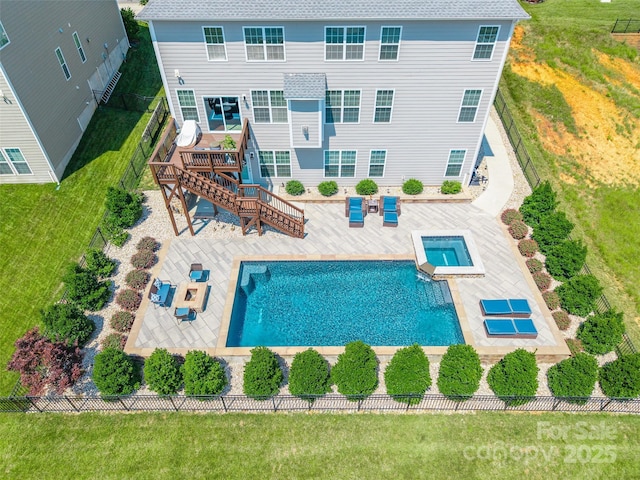 208 Canoe Pole Ln, Mooresville, NC 28117 - view of swimming pool featuring stairs, a fenced backyard, a patio area, a pool with connected hot tub, and a deck