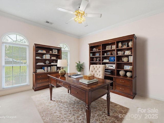 15139 Wiltshire Manor Dr, Charlotte, NC 28278 - home office featuring a ceiling fan, light carpet, and crown molding