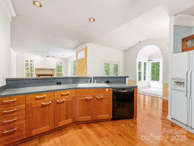 15139 Wiltshire Manor Dr, Charlotte, NC 28278 - kitchen with dishwasher, white fridge with ice dispenser, open floor plan, a ceiling fan, and light wood-type flooring
