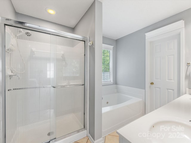 15139 Wiltshire Manor Dr, Charlotte, NC 28278 - full bath with a bath, a shower stall, double vanity, tile patterned floors, and recessed lighting