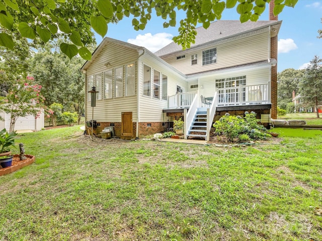 15139 Wiltshire Manor Dr, Charlotte, NC 28278 - rear view of house featuring a deck, a sunroom, a lawn, crawl space, and stairs