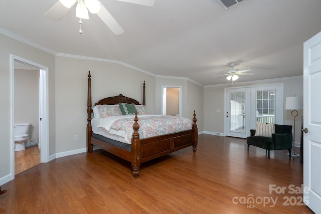 1408 Wildwood Dr, Kannapolis, NC 28081 - bedroom featuring wood finished floors, access to exterior, crown molding, a ceiling fan, and connected bathroom