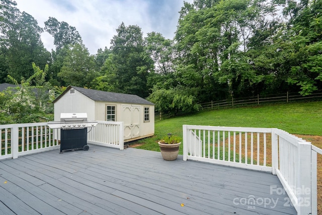 1408 Wildwood Dr, Kannapolis, NC 28081 - deck featuring area for grilling, a shed, a fenced backyard, and view of scattered trees