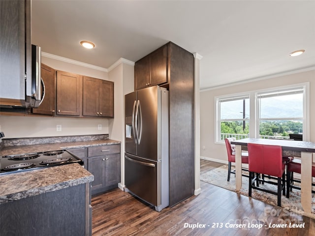 113 Bronco Way, Waynesville, NC 28785 - kitchen with stainless steel appliances, ornamental molding, dark wood-type flooring, dark brown cabinets, and recessed lighting