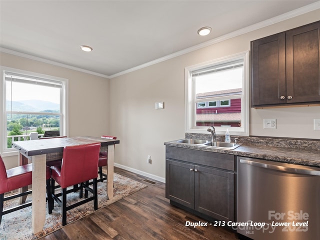 113 Bronco Way, Waynesville, NC 28785 - kitchen with dishwasher, dark wood-style flooring, dark brown cabinetry, crown molding, and dark countertops
