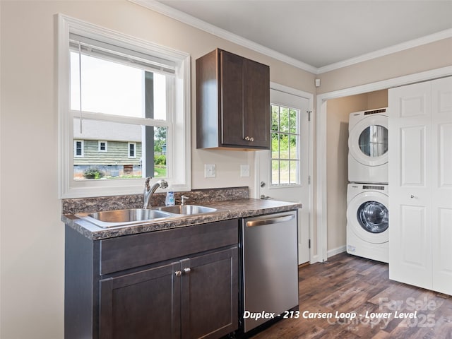 113 Bronco Way, Waynesville, NC 28785 - laundry room featuring stacked washer / drying machine, dark wood finished floors, and ornamental molding