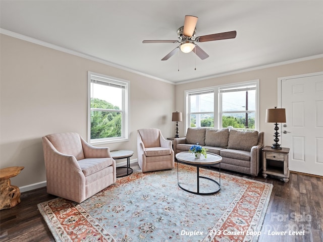 113 Bronco Way, Waynesville, NC 28785 - living area featuring ornamental molding, wood finished floors, and a ceiling fan