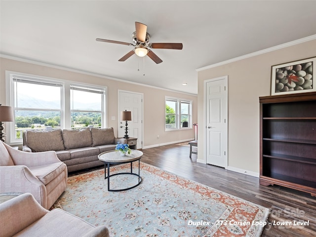 113 Bronco Way, Waynesville, NC 28785 - living room featuring ornamental molding, wood finished floors, and a ceiling fan