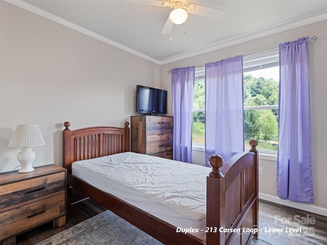 113 Bronco Way, Waynesville, NC 28785 - bedroom featuring wood finished floors, multiple windows, ornamental molding, and a ceiling fan