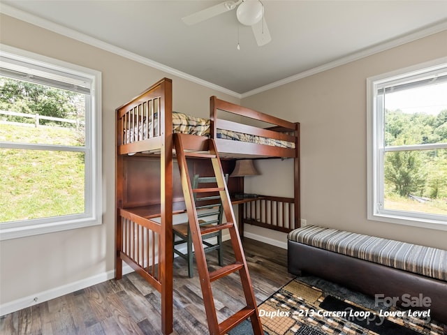 113 Bronco Way, Waynesville, NC 28785 - bedroom with multiple windows, wood finished floors, ornamental molding, and ceiling fan