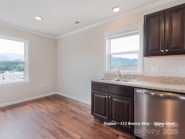 113 Bronco Way, Waynesville, NC 28785 - kitchen featuring stainless steel dishwasher, plenty of natural light, dark wood-type flooring, dark brown cabinetry, and crown molding