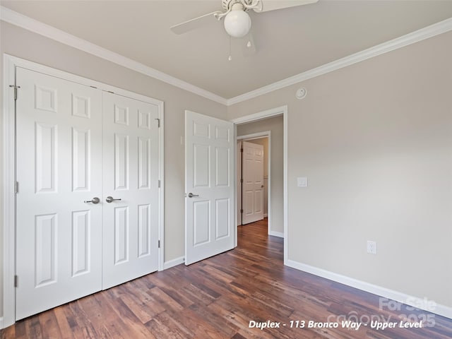 113 Bronco Way, Waynesville, NC 28785 - unfurnished bedroom featuring wood finished floors, crown molding, a closet, and ceiling fan