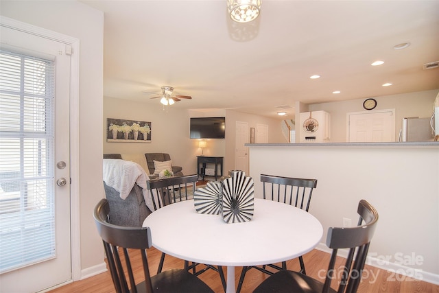 2620 Brackley Pl NW, Concord, NC 28027 - dining space featuring light wood-type flooring, ceiling fan, and recessed lighting