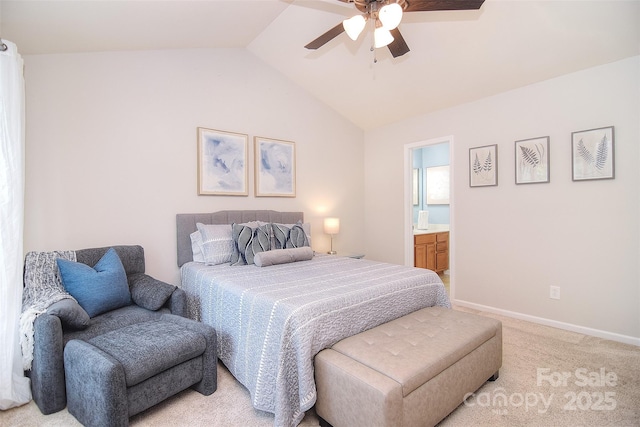 2620 Brackley Pl NW, Concord, NC 28027 - bedroom featuring vaulted ceiling, light carpet, a ceiling fan, and ensuite bathroom