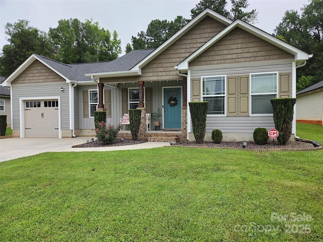 1300 Bethpage Rd, Kannapolis, NC 28081 - craftsman-style home featuring a garage, concrete driveway, a front lawn, board and batten siding, and covered porch