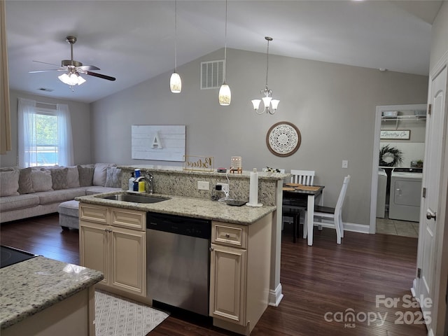 1300 Bethpage Rd, Kannapolis, NC 28081 - kitchen with dishwasher, washing machine and dryer, lofted ceiling, dark wood-style flooring, and a ceiling fan