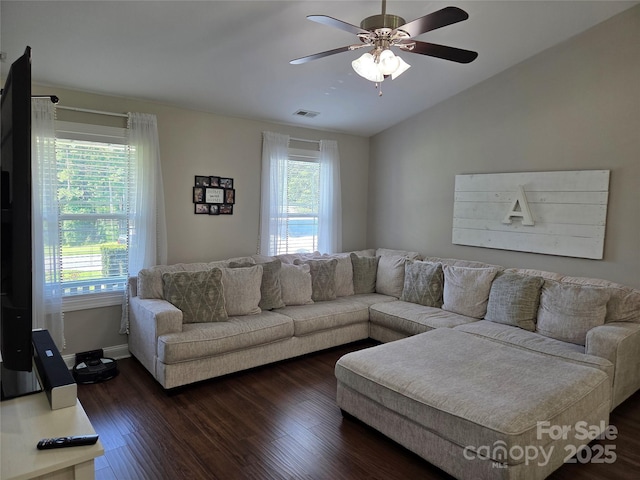 1300 Bethpage Rd, Kannapolis, NC 28081 - living area featuring lofted ceiling, dark wood finished floors, and a ceiling fan