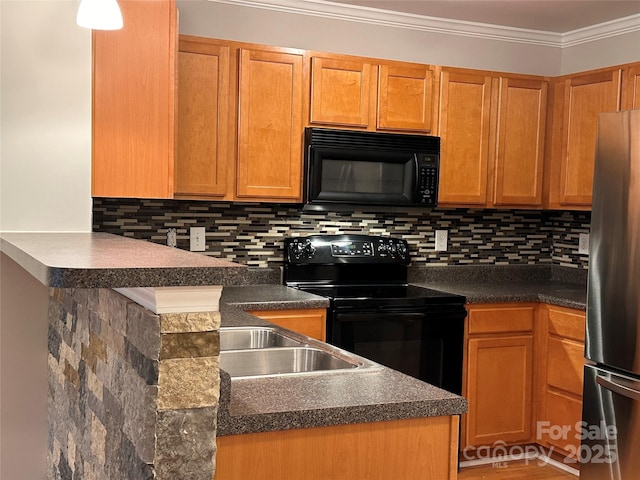 5236 Hilltop Rd, Jamestown, NC 27282 - kitchen featuring black appliances, decorative backsplash, ornamental molding, a peninsula, and dark countertops