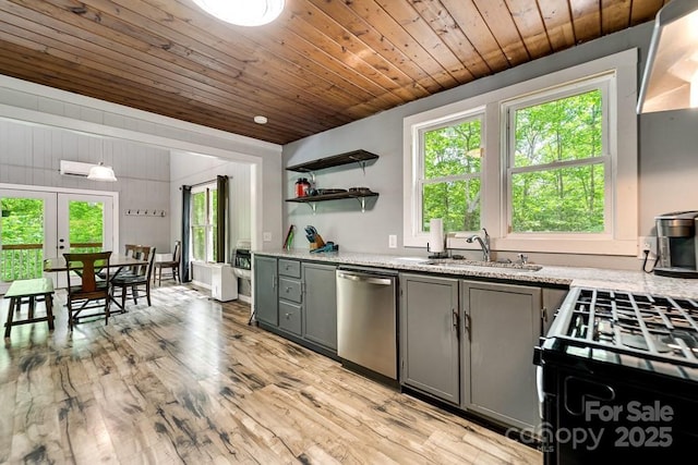 155 Notta Rd, Franklin, NC 28734 - kitchen featuring stainless steel dishwasher, wood ceiling, gray cabinetry, plenty of natural light, and light wood finished floors
