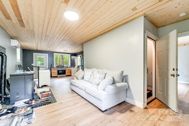 155 Notta Rd, Franklin, NC 28734 - living area with wooden ceiling, light wood finished floors, a wood stove, and a wall mounted air conditioner