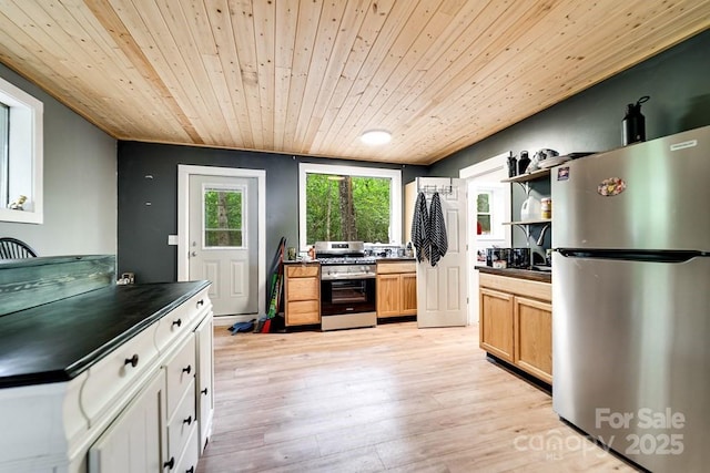 155 Notta Rd, Franklin, NC 28734 - kitchen featuring stainless steel appliances, dark countertops, wood ceiling, light wood-type flooring, and open shelves